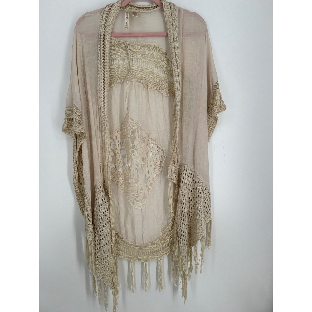 Forgotten Grace Women Beige Crochet Lace Fringe Kimono Cardigan L/XL  Boho